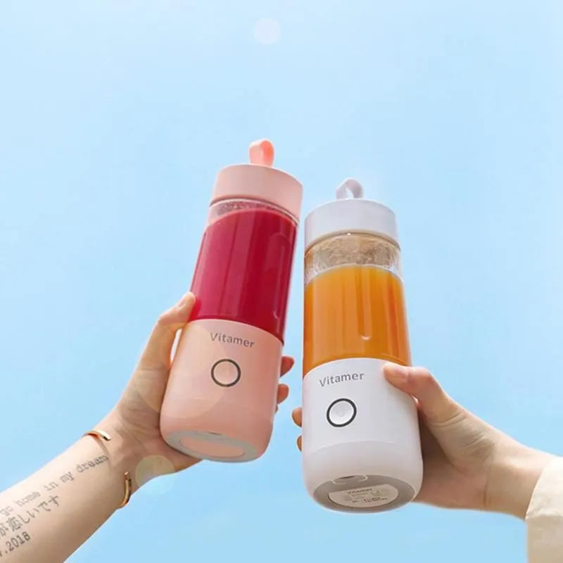 White USB rechargeable portable blender bottle with silicone carry ring, 350ml capacity.