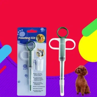 Pet medicine pills feeder with leakproof injection design in red and blue plastic and silica, 15cm length
