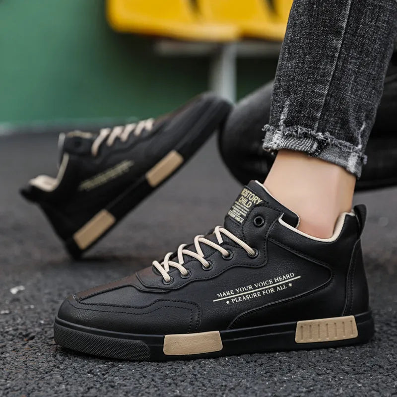 High-top synthetic leather panel shoes with tassel detail, lace-up closure, black beige colour, side view