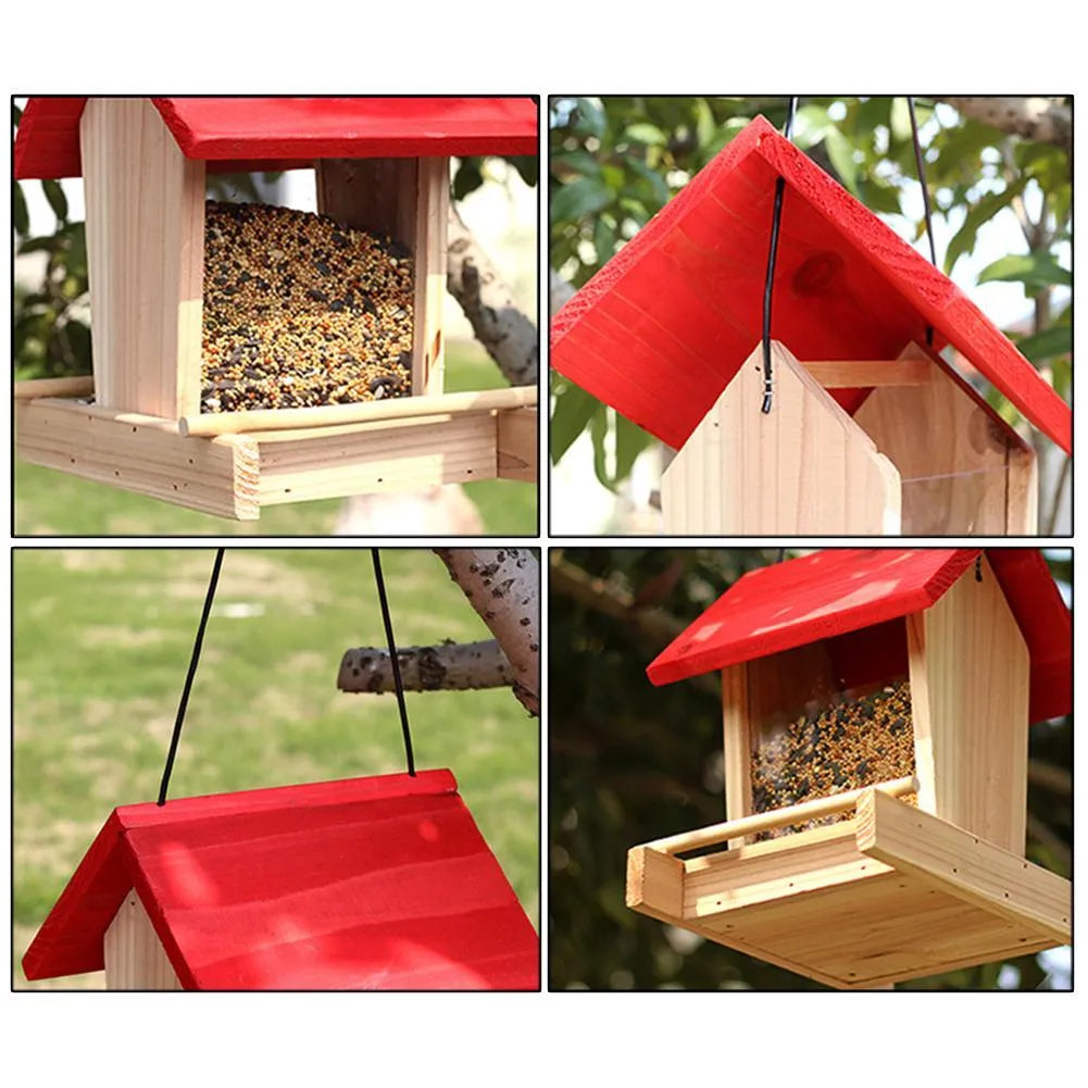 Suspended pine wood bird feeder with red roof and log texture measuring 205x165x210mm