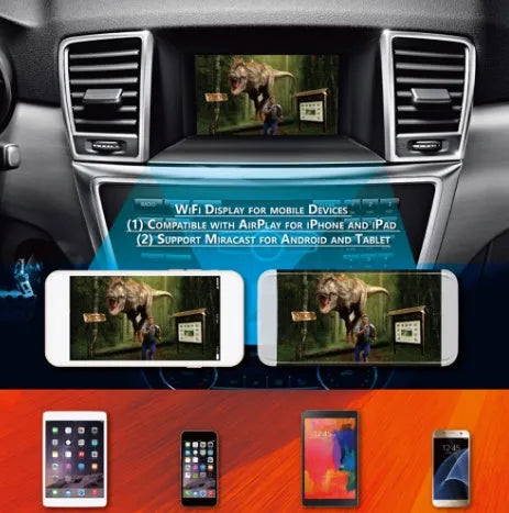 Black car Wi-Fi mirror box with AV converter, power cable, antenna and connection cables for smartphone integration