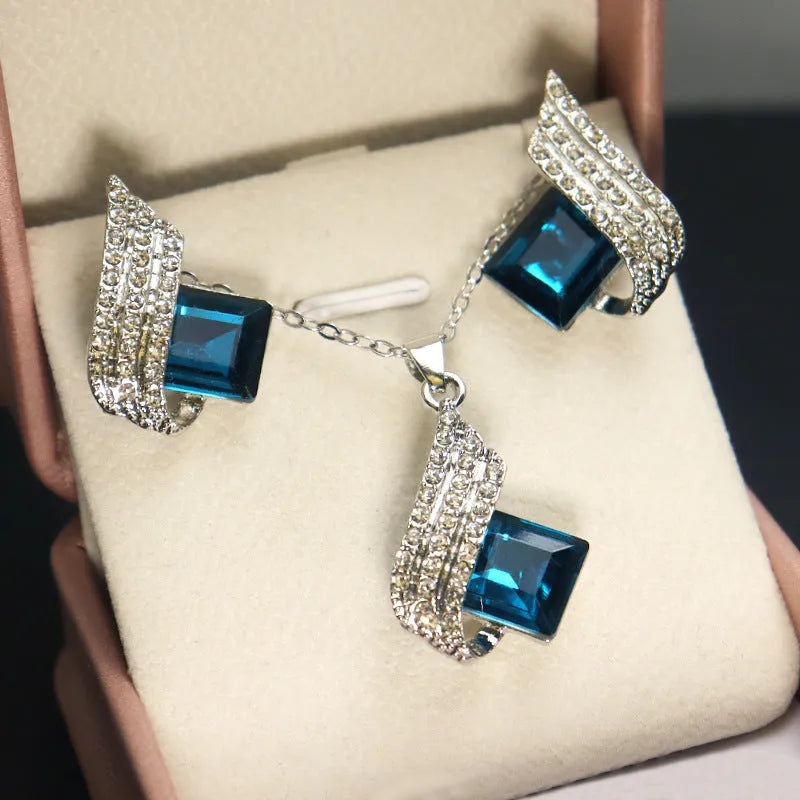 Cross chain necklace with electroplated alloy pendant and matching glass ear stud earrings set