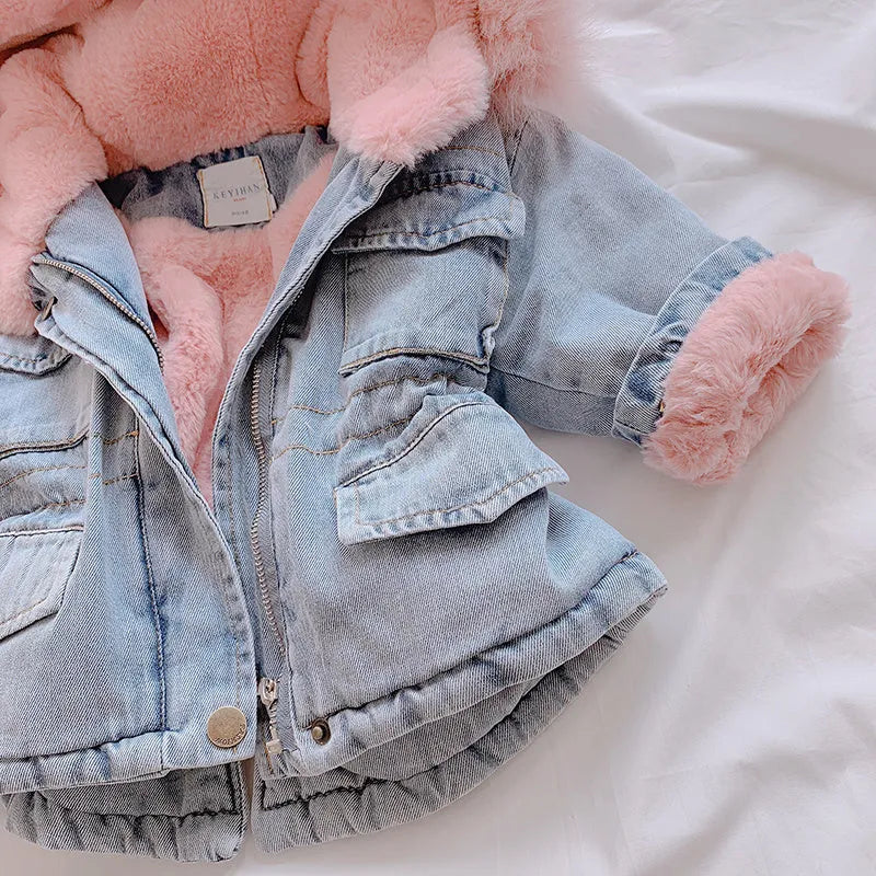 Blue denim coat for a girl with a non-removable hood and pink lining visible.