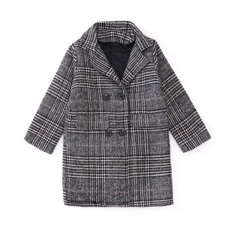 Grey houndstooth plaid coat for girls with suit collar and long sleeves.