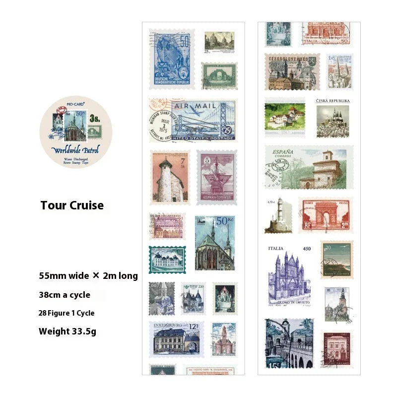 Roll of retro-design stamp stickers for journal decoration, 55mm wide.
