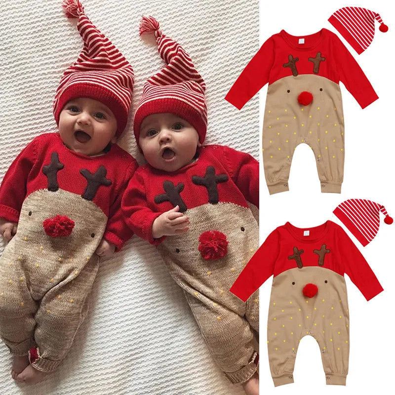Christmas deer cotton romper for babies, long sleeve, red colour options, sizes 70cm to 100cm
