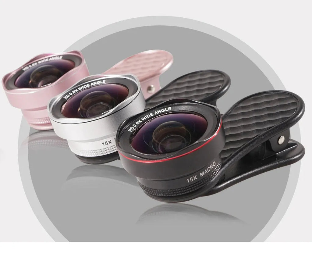 Mobile phone lens kit showing 0.6X wide-angle lens, 15X macro lens, clip attachment, storage case and cleaning cloth