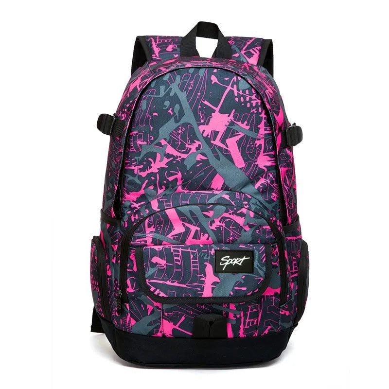 A classic blue or red nylon backpack with a large main compartment and multiple organiser pockets.