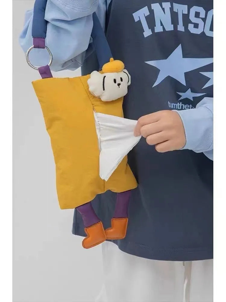 Hanging plush tissue buggy bag for cars and pushchairs measuring 25x19 cm in hat dog colour design