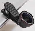 Mobile phone lens kit showing 0.6X wide-angle lens, 15X macro lens, clip attachment, storage case and cleaning cloth