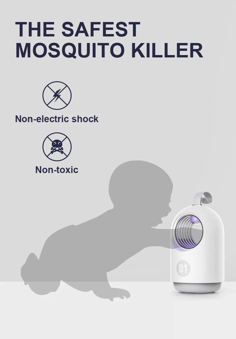 White or blue indoor mosquito killer lamp with UV light, fan, and silicone carry handle.