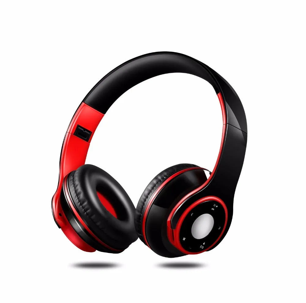 Blue foldable wireless Bluetooth headset with adjustable hinges and a 3.5mm audio jack.