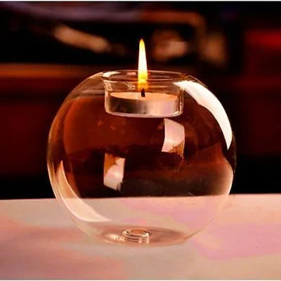 Handmade round hollow glass candle bowl in European style, shown in 8cm, 10cm, and 12cm diameter options.