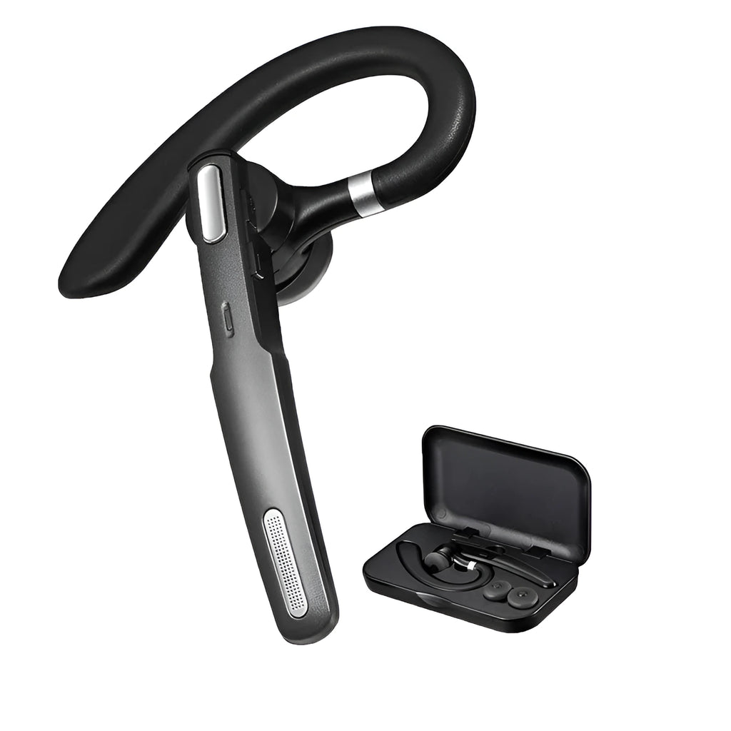 Black mono Bluetooth headset with over-ear hook and active noise cancellation, IPX6 waterproof rated