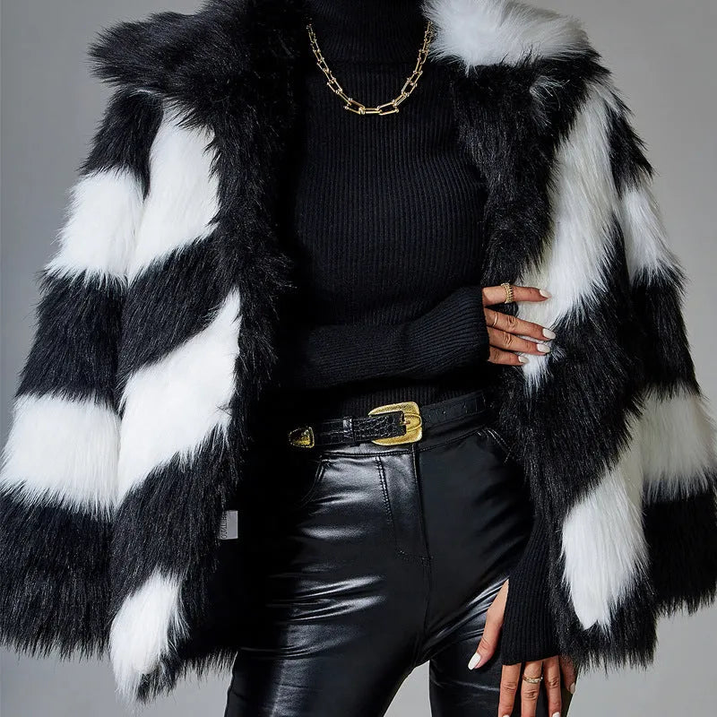 Faux fur coat with contrast lapel and detachable fur collar in shown colour.