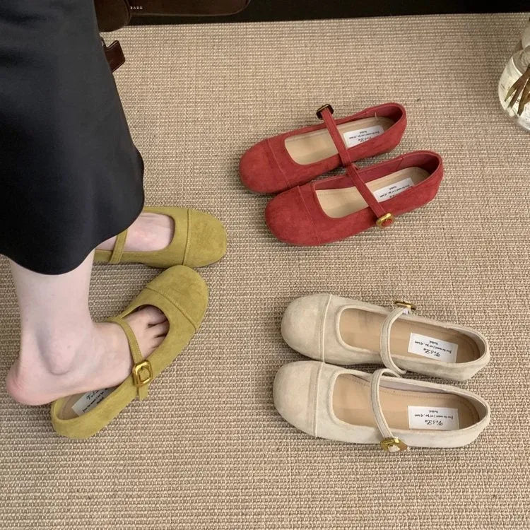 Low-cut canvas Mary Jane flat shoes with vintage suede finish in apricot