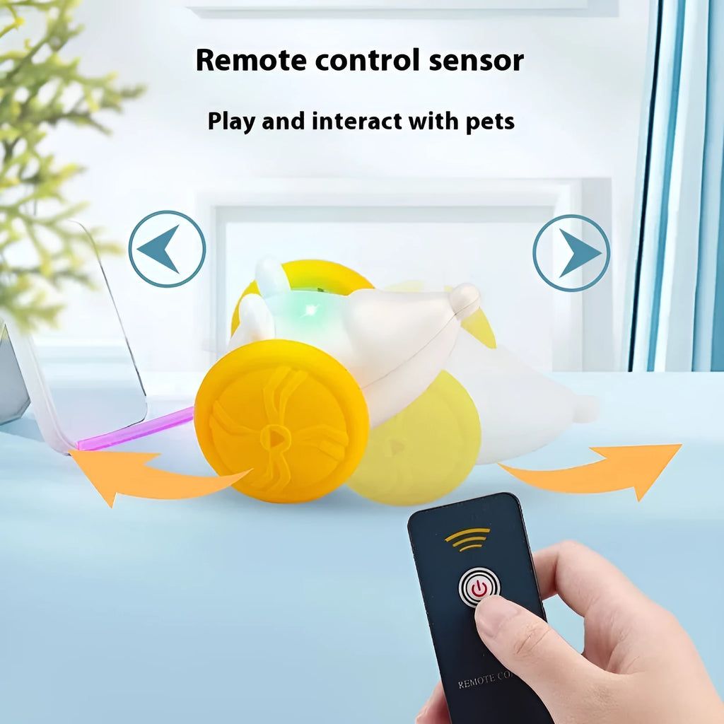 Blue and yellow electric interactive cat mouse toys with remote control on wooden floor
