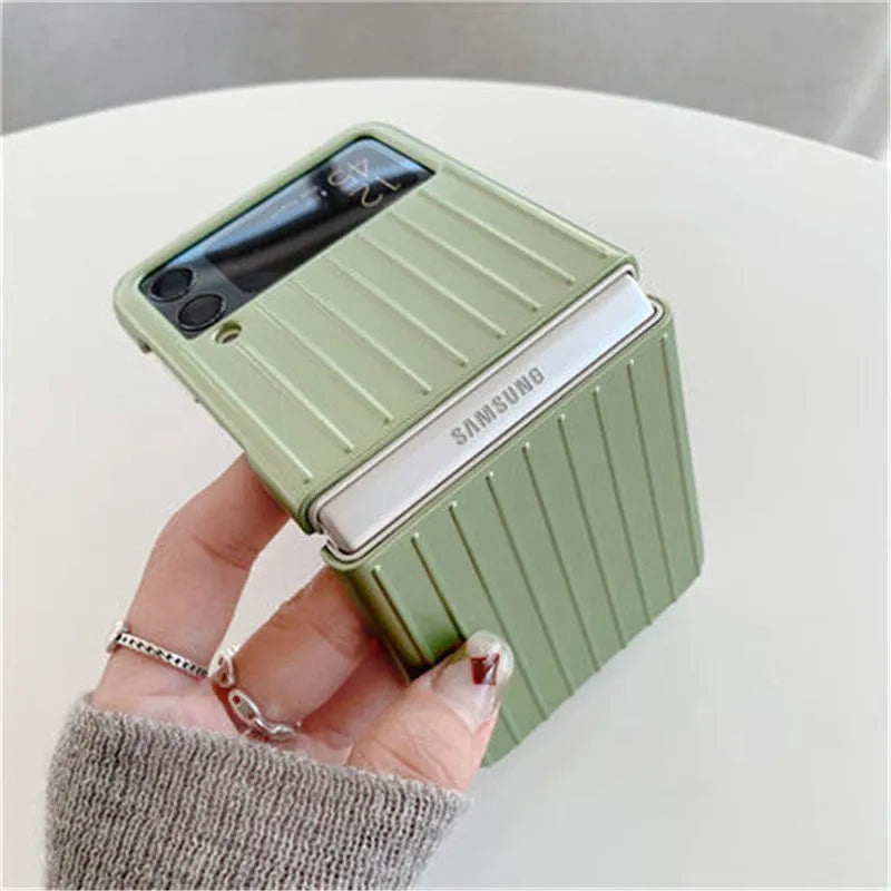 Samsung Z Flip3 flip phone case in black, red, pink, silver, gold, sky blue, and light green colours, showing front and back.