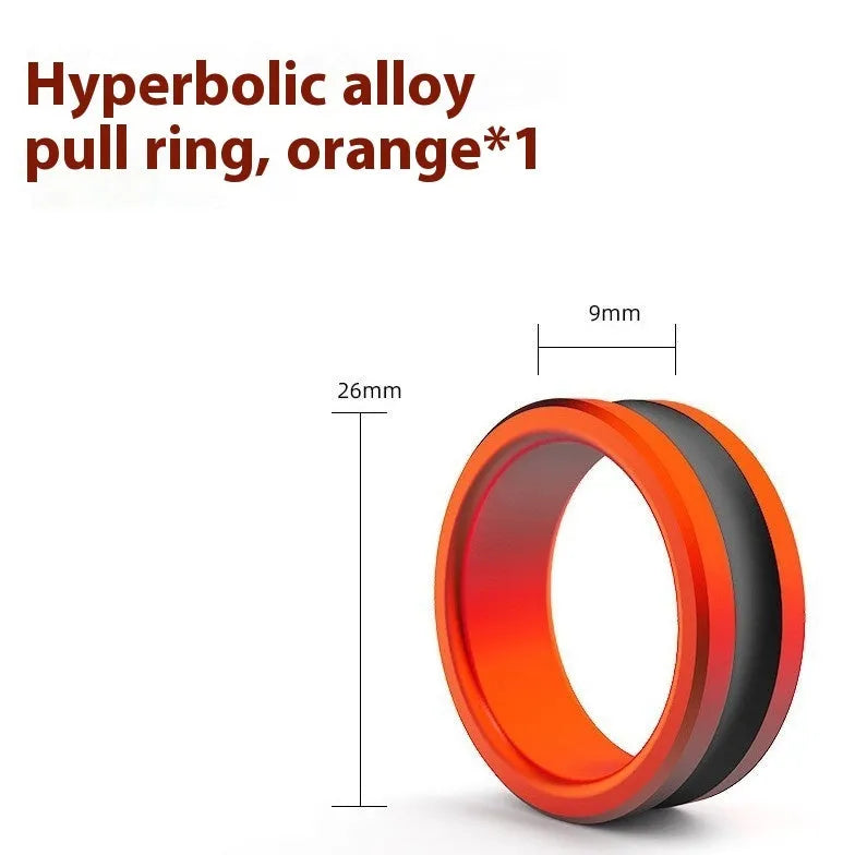 Orange and silver alloy fishing hand guard pull loop tool on a non-slip surface.