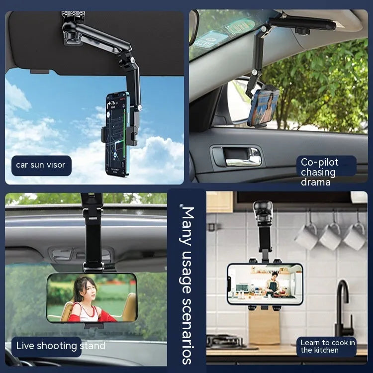 Car mobile phone bracket with one-clip design mounted on car air vent, showing adjustable side clamps