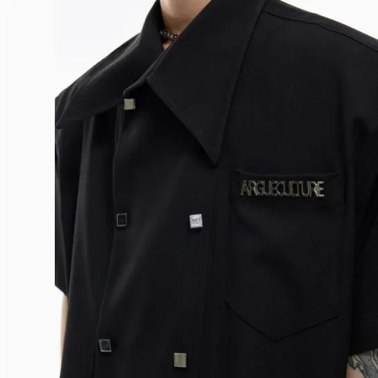 Men's loose fit short sleeve shirt with splicing decoration in blue colour