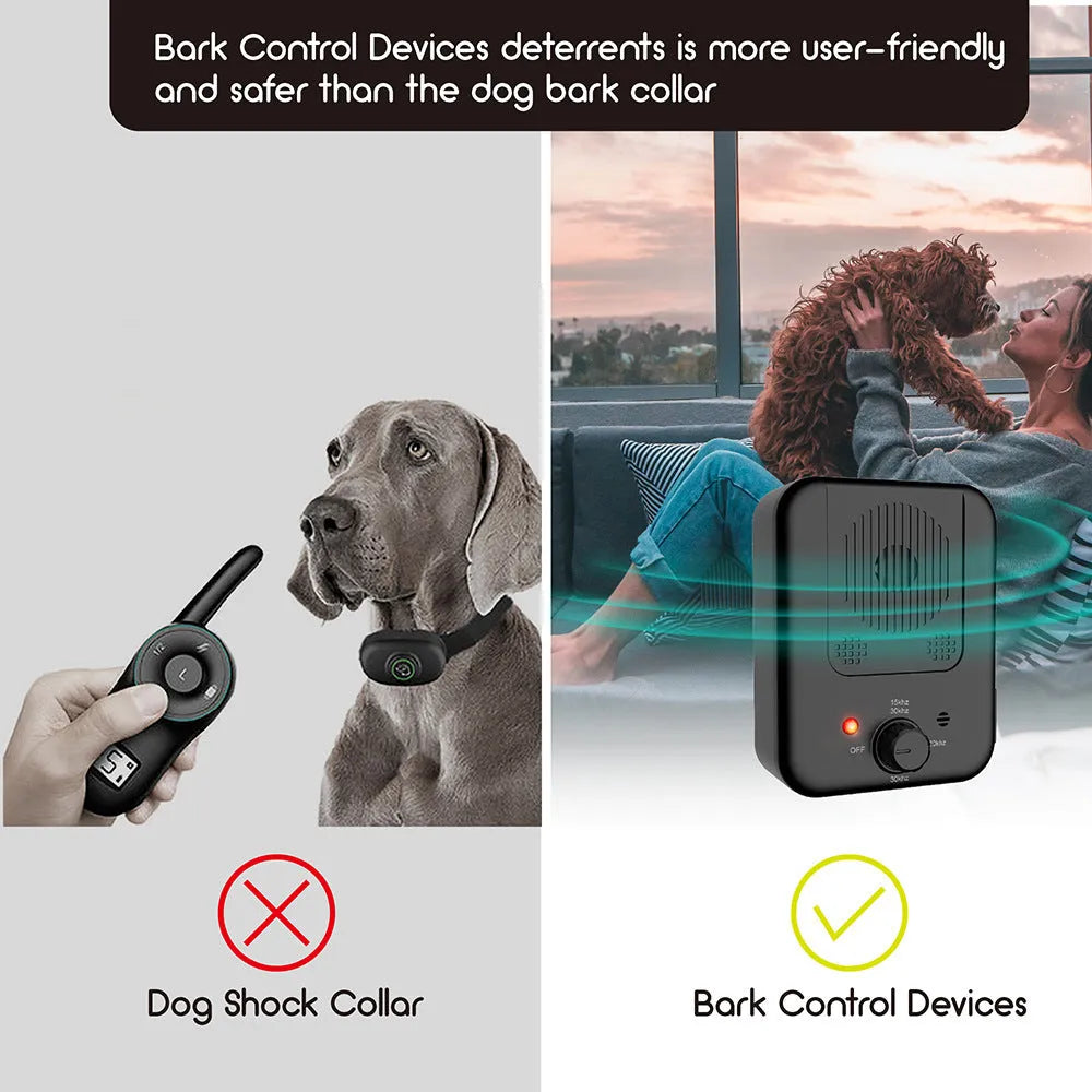 Ultrasonic anti barking device mounted on wooden fence with dog in background, 50-foot detection range