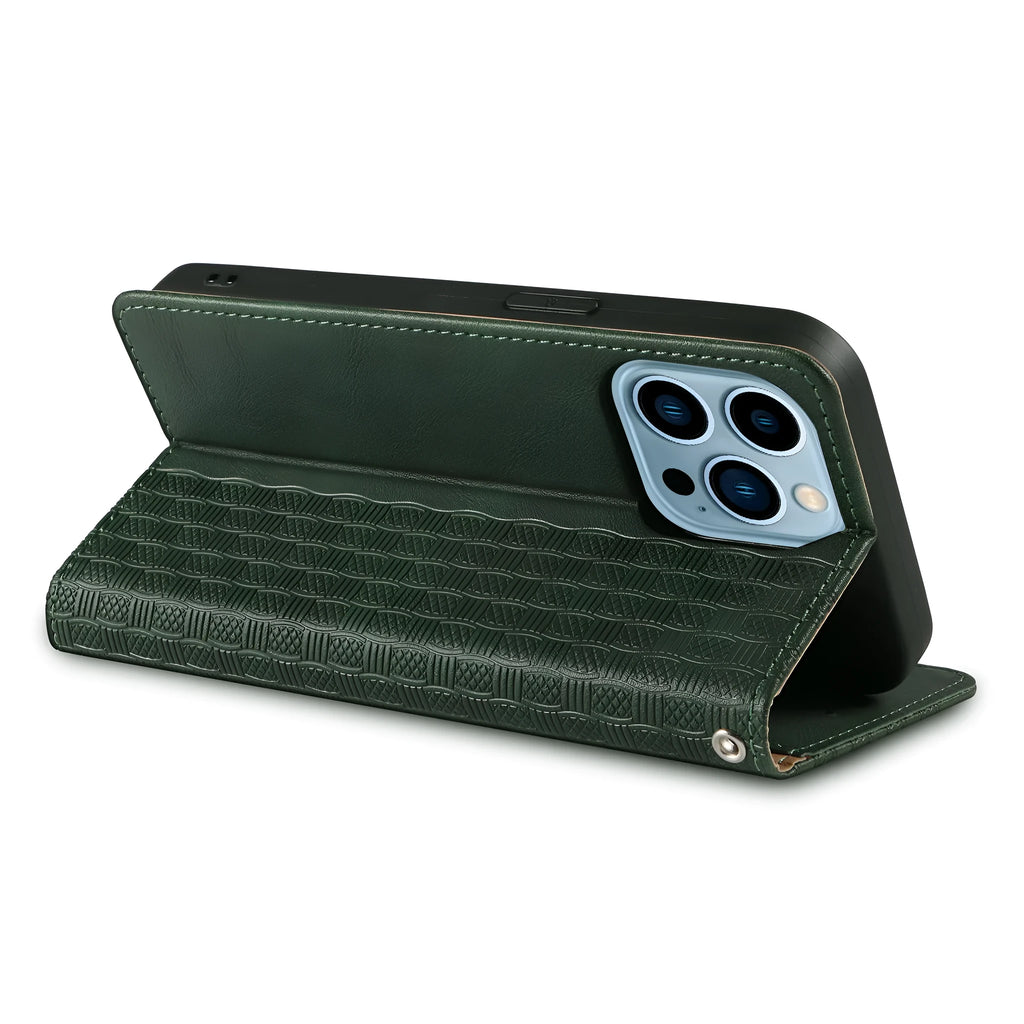 Black embossed leather pattern flip case for iPhone shown open, next to brown and blue colour options.