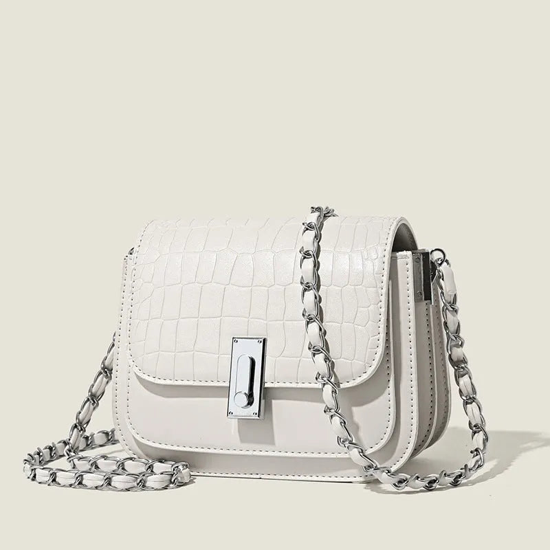 Black soft PU leather women's square shoulder bag with a silver chain strap