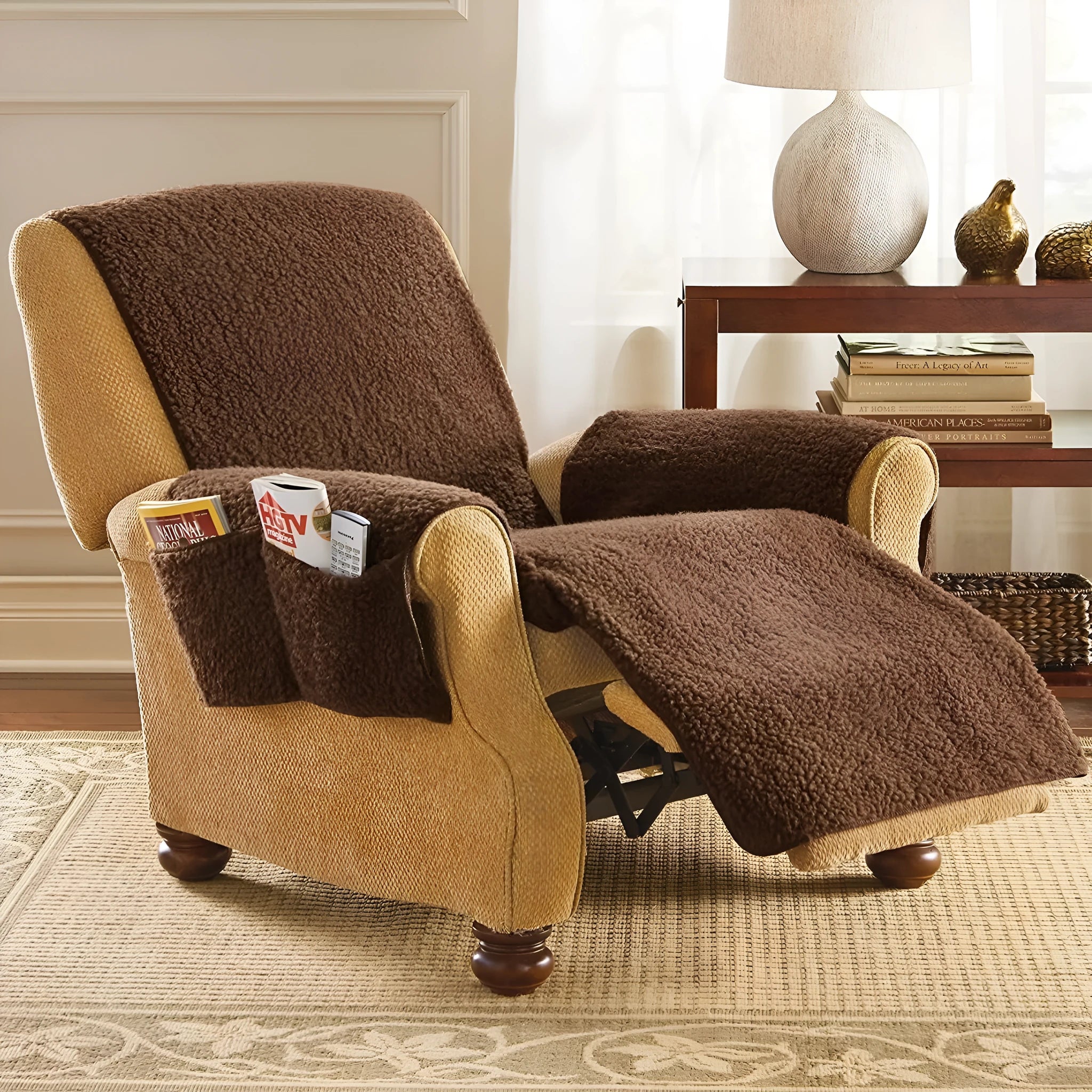 Polyester sofa cushion slipcover in lambswool beige colour on a sofa seat.