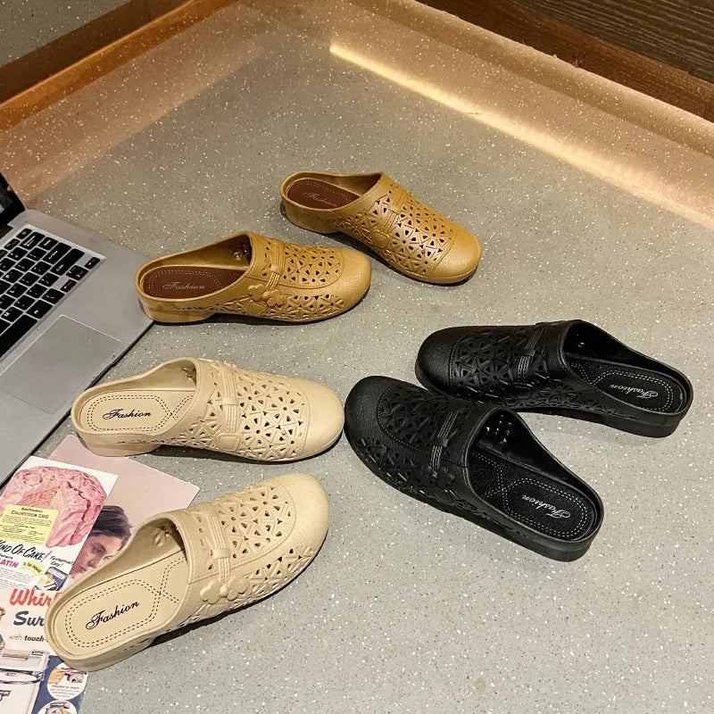 Flat toe box fairy style PVC half slippers with hollow out design in apricot colour