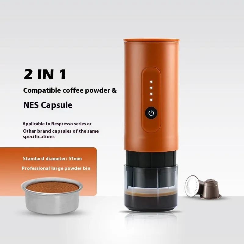 Handheld portable electric coffee machine in Jungle Green colour with car charger cable.