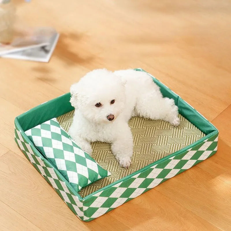 Blue rattan cat bed with attached washable fabric pad, shown in a medium size.