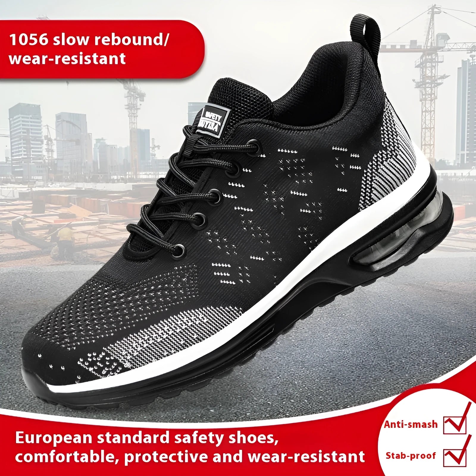 Black men's low-top safety work shoes with steel toe cap and anti-piercing sole.
