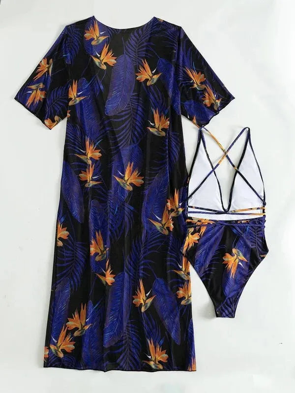 Women's three-piece polyester swimsuit set with cover-up coat in pattern options