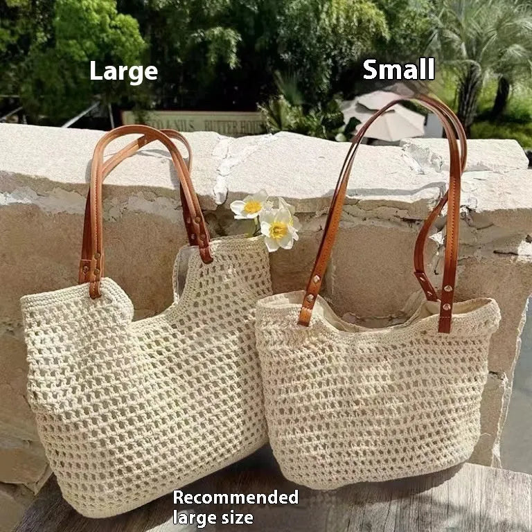 Beige woven cotton linen shoulder bag with large capacity for beach holidays