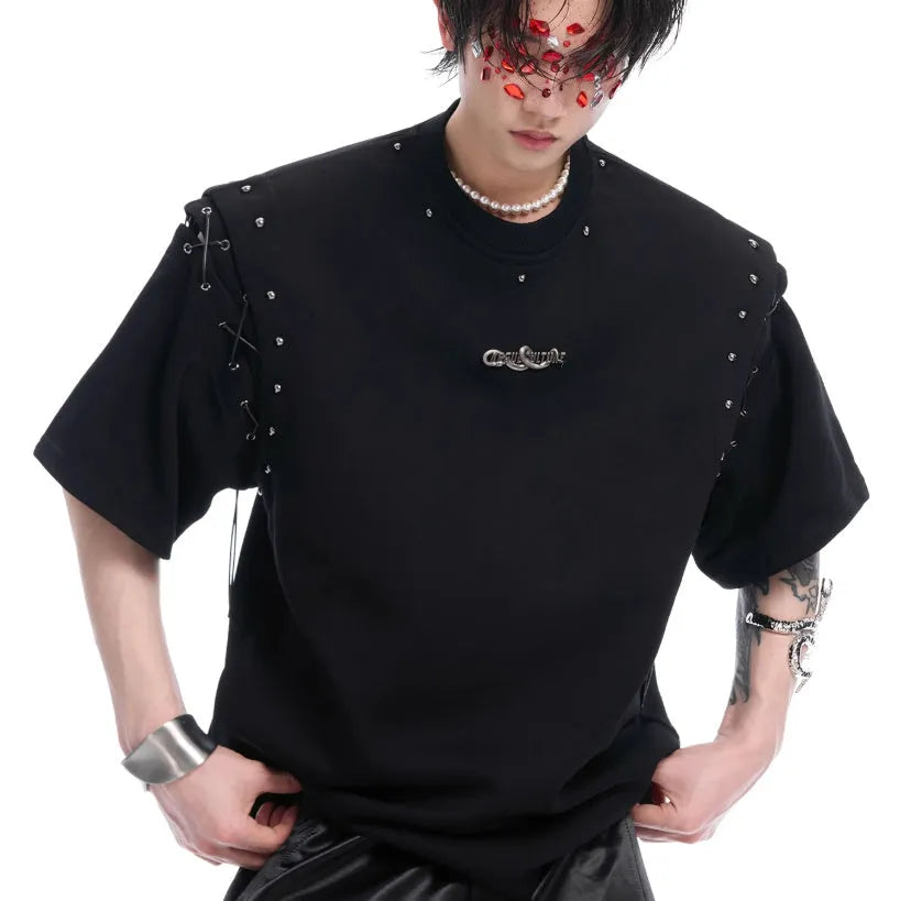 Black deconstruction lace-up cutout short sleeve t-shirt on a hanger