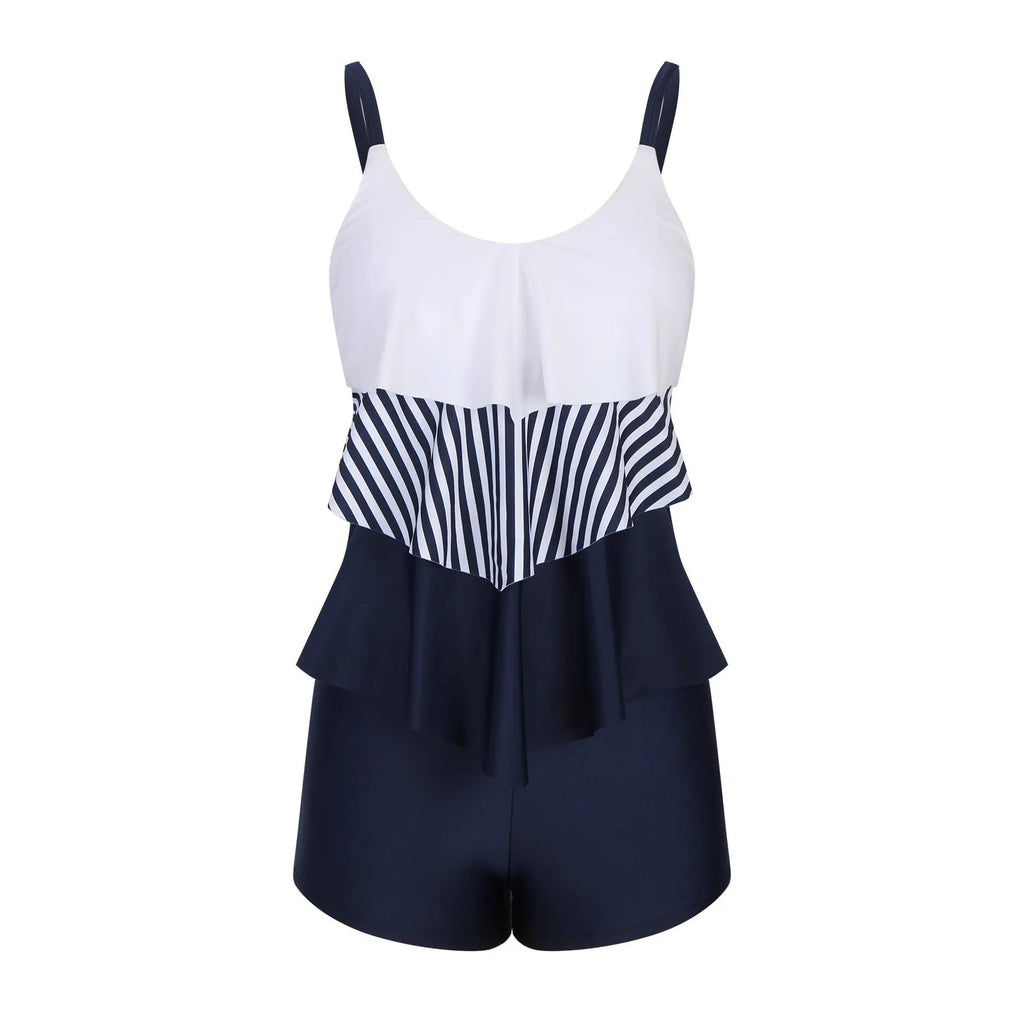Ladies striped swimsuit with conservative boyshorts bottom and split fashion design in picture colour