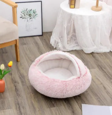 2 in 1 round plush pet bed with PP cotton filling for dogs and cats, available in brown, 65cm size