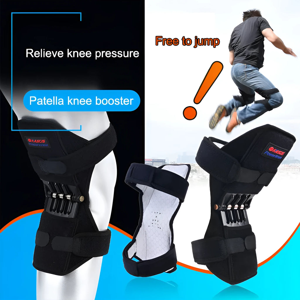 Black knee booster pair with carbon steel spring, adjustable Velcro straps, mesh ventilation and non-slip fabric, 29.5 x 28 x 27 cm