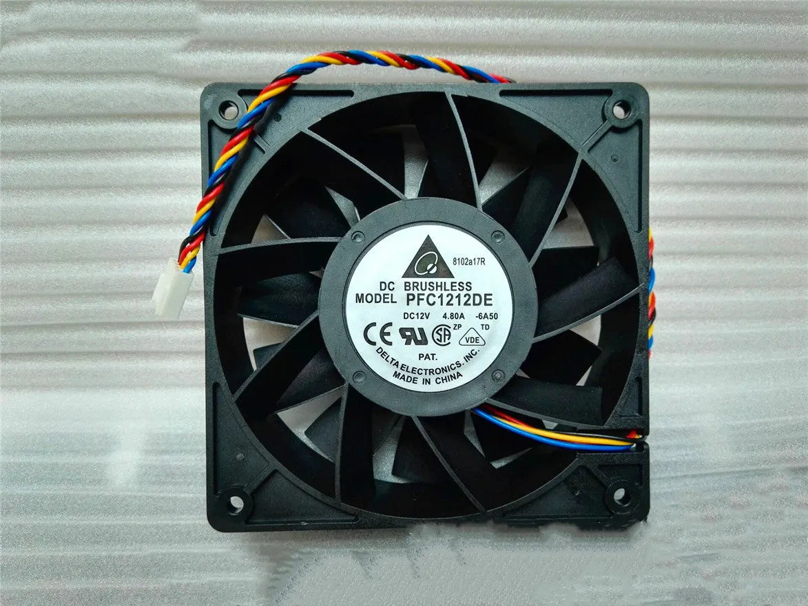 Delta PFC1212DE 120mm 12V DC cooling fan with black PBT frame and 4-pin PWM cable