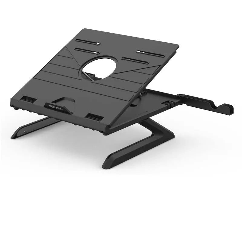 New folding laptop stand in black with 9-level angle adjustment, cooling slot, and phone holder for 10-15.6 inch laptops