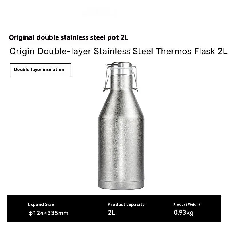 Stainless steel thermal pot with large capacity for outdoor and portable use.