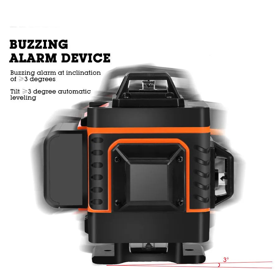 Rotating laser level tool with green and orange laser options for wall alignment