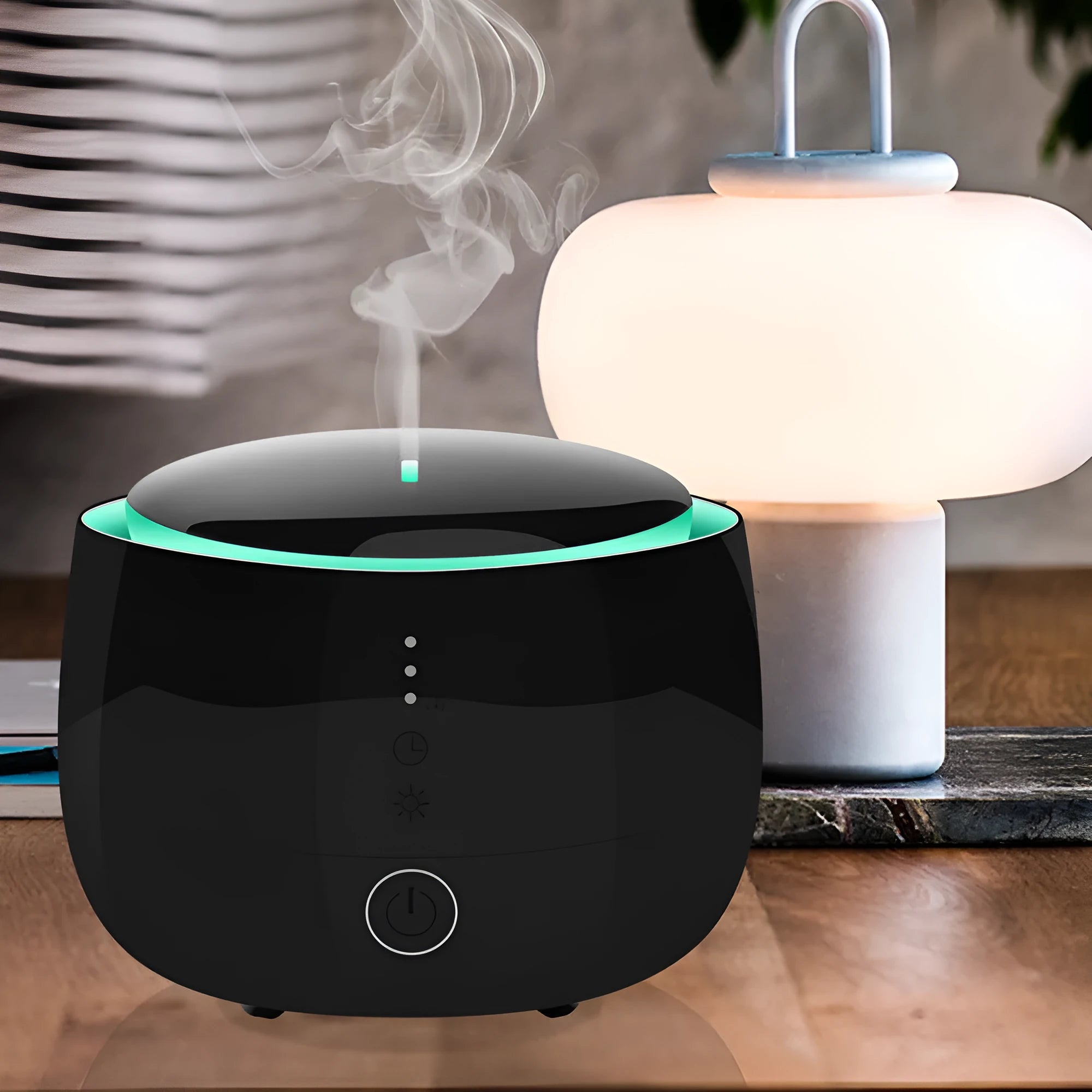 Black smart home aromatherapy humidifier with LED lights and touch controls, 300ml capacity