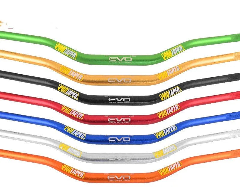 Orange EVO style aluminium alloy motorcycle handlebar showing 28mm diameter and width.