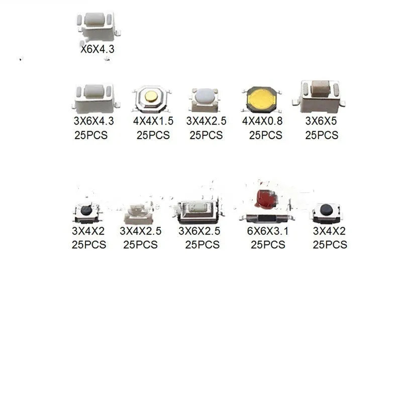 250-piece box of surface mount tactile switch buttons for PCB electronics assembly