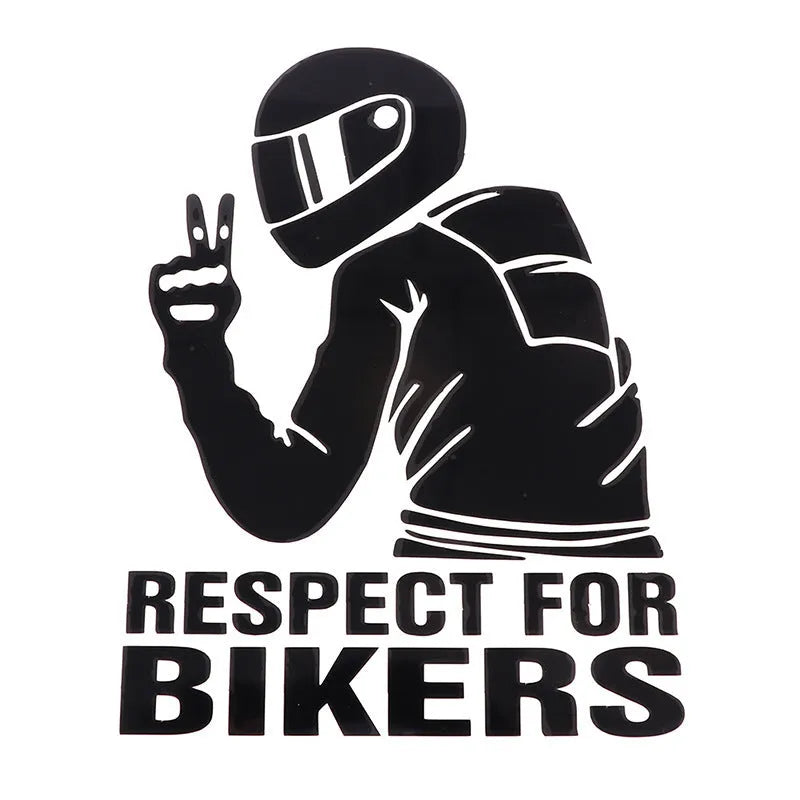 Respect For Bikers 15x11cm car sticker in reflective silver, black, red, yellow, laser, and 3D carbon fibre finishes.