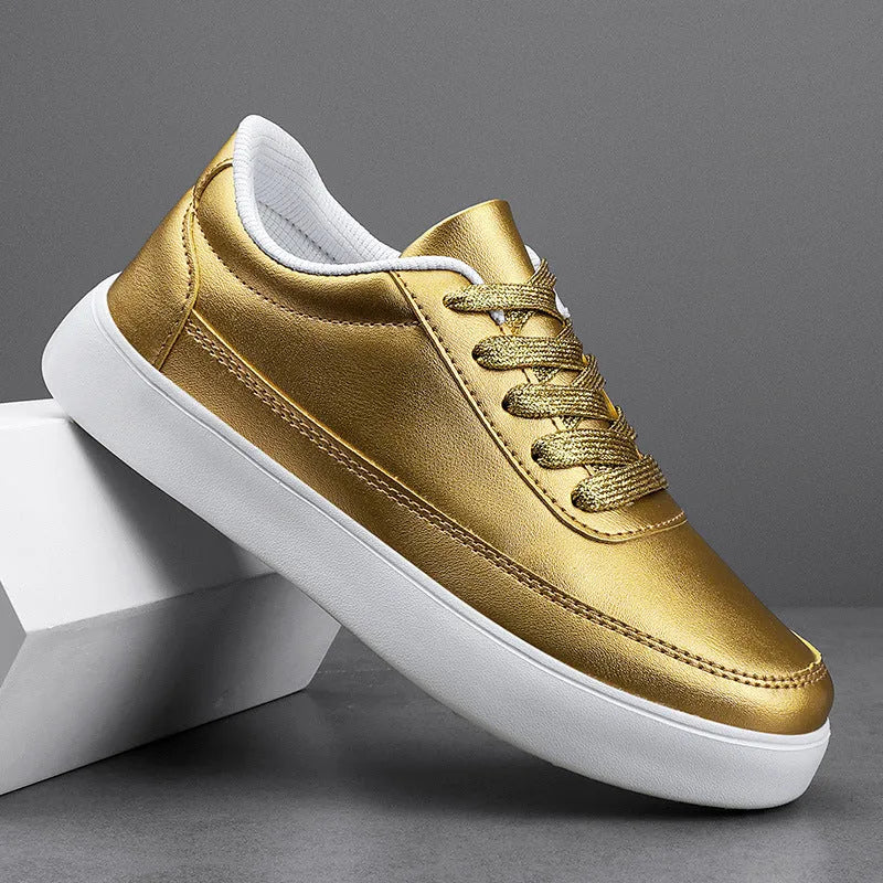 Women's leather flat casual shoes with lace-up front in white, silver, or gold colour options