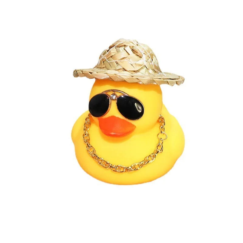 Yellow cartoon duck with straw hat car dashboard ornament with base glue and sunglasses necklace