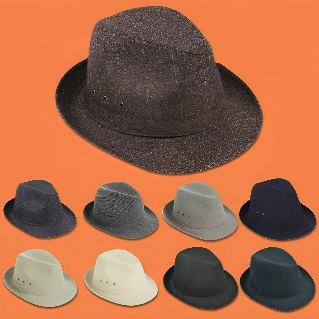 Men's black suit material fedora hat on a stand, showing classic brim shape.